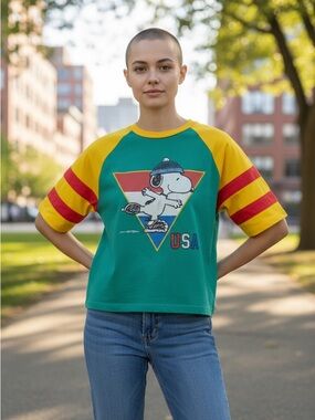 Snoopy USA Y2K Raglan Tee Women’s Cropped Graphic Retro Peanuts Streetwear NEW